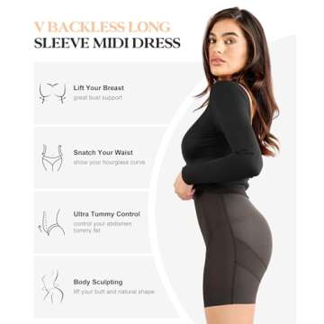 Popilush Shapewear Cocktail Dress Backless Shaper Dress with Built in Shapewear Long Sleeve Cocktail Dresses for Women Black