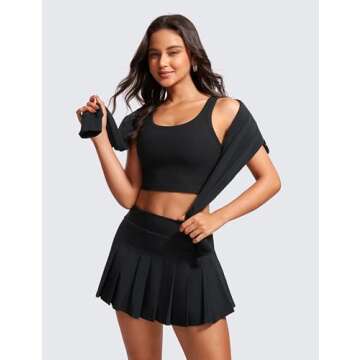 CRZ YOGA Womens Ribbed Longline Sports Bra - U Neck Padded Yoga Cami Workout Crop Tank Top Built in Pads Black Small