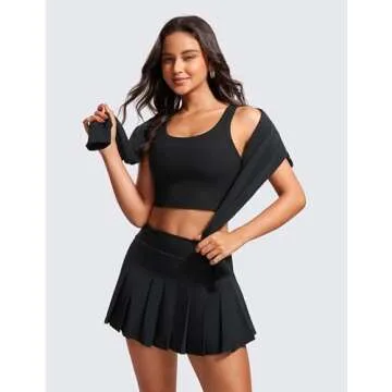 CRZ YOGA Womens Ribbed Longline Sports Bra - U Neck Padded Yoga Cami Workout Crop Tank Top Built in Pads Black Small