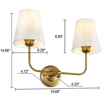 TERLEENART Double Light Wall Sconce with White Fabric Tapered Shades, 2-Light Antique Brass Sconce f...