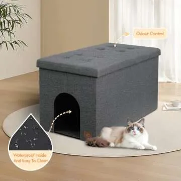 Cat Litter Box Enclosure Furniture for Odor Control, Hidden Cabinet Cat Litter Box Furniture Ottoman with Flip-Up Lid,Cat Litter Box Bench with Storage Space, Dog Proof(Grey, Large)