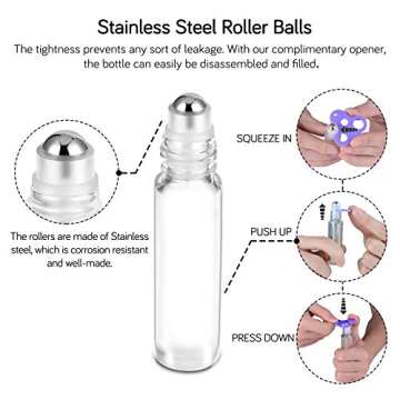 PrettyCare Essential Oil Roller Bottles 10ml (24 Pack Clear Glass Bottle with Gold Cap, 4 Extra Roller Balls，48 Labels, 2 Openers, 2 Funnels Roller Balls For Essential Oils, Roll on Bottles