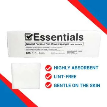 Essentials Non-Sterile Gauze Sponges – 200 Count, 4-Ply, 2’’ x 2’’ Gauze Pads, One Package, Non-Woven Gauze Sponges, Wound Care Product for First Aid Kit/Medical Facilities