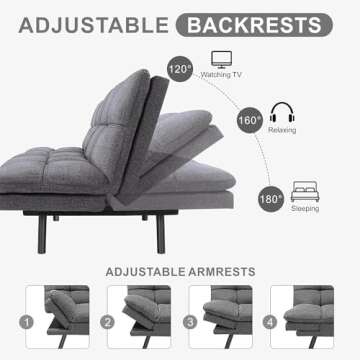 QAIIOO Memory Foam Futon Sofa Bed, Modern Loveseat Sleeper with Adjustable Armrests and Backrest, Small Futon Couch Bed for Living Room, Office, Grey