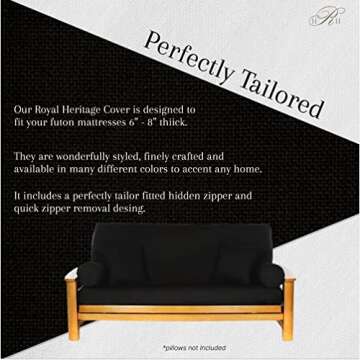 Royal Heritage Home 100% Cotton Full Size Futon Cover - Black - Washable Zippered Sofa Furniture Bed Mattress Covers - Armless Couch Zipper Slipcover Protector/Encasement