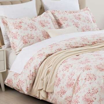 DAUAOTO Duvet Cover Queen Size Set - 90"x90" Cover + 2 Shams, 100% Cotton Print Bedding Sets, Toile Rose Floral Pattern, Pale Red