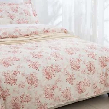 DAUAOTO Duvet Cover Queen Size Set - 90"x90" Cover + 2 Shams, 100% Cotton Print Bedding Sets, Toile Rose Floral Pattern, Pale Red