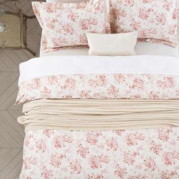 DAUAOTO Duvet Cover Queen Size Set - 90"x90" Cover + 2 Shams, 100% Cotton Print Bedding Sets, Toile Rose Floral Pattern, Pale Red