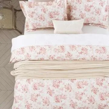 DAUAOTO Duvet Cover Queen Size Set - 90"x90" Cover + 2 Shams, 100% Cotton Print Bedding Sets, Toile Rose Floral Pattern, Pale Red