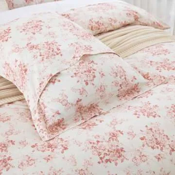 DAUAOTO Duvet Cover Queen Size Set - 90"x90" Cover + 2 Shams, 100% Cotton Print Bedding Sets, Toile Rose Floral Pattern, Pale Red