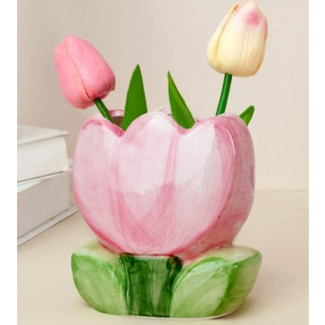 JSPYFITS Tulip Shaped Pink Ceramic Vase, Decorative Colored Ceramics Vases Cute Home Decor, Multifun...
