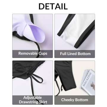 Yonique Women's 3 Piece Bikini Set Triangle Cheeky Bathing Suits Cute Swimsuits with Cover Up Skirt Black S