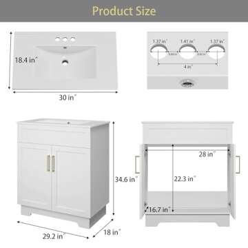 OLD CAPTAIN Bathroom Vanity with Ceramic Sink, 30" Freestanding Bathroom Cabinet Vanity with Storage, Quick Assembly Bathroom Vanity, White