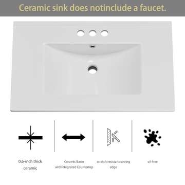 OLD CAPTAIN Bathroom Vanity with Ceramic Sink, 30" Freestanding Bathroom Cabinet Vanity with Storage, Quick Assembly Bathroom Vanity, White