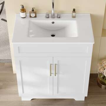 OLD CAPTAIN Bathroom Vanity with Ceramic Sink, 30" Freestanding Bathroom Cabinet Vanity with Storage, Quick Assembly Bathroom Vanity, White