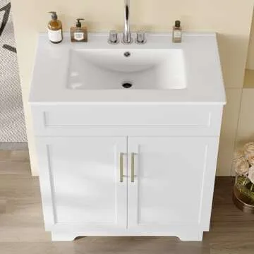 OLD CAPTAIN Bathroom Vanity with Ceramic Sink, 30" Freestanding Bathroom Cabinet Vanity with Storage, Quick Assembly Bathroom Vanity, White