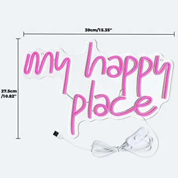 GGK My Happy Place Neon Sign LED Light up My Happy Place Sign for Wall Decor Pink Neon Lights Neon Letters Room Aesthetic Accessory (My happy place)