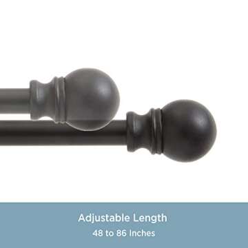 Kenney KN55929 Davenport Ball End Petite Café Decorative Window Curtain Rod, 48-86" Adjustable Length, Matte Black Finish, 1/2" Diameter Steel Tube