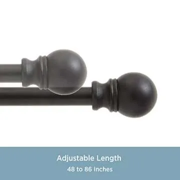 Kenney KN55929 Davenport Ball End Petite Café Decorative Window Curtain Rod, 48-86" Adjustable Length, Matte Black Finish, 1/2" Diameter Steel Tube