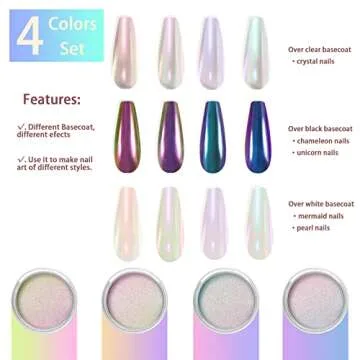 Allstarry White Chrome Nail Powder, 4 PCS Color-Shift Chameleon Mica Powder Pearlescent Pearl Pigment Aurora Chrome Effect Glitter Dust Iridescent for Gel Polish Nail Art Decoration, Resin Craft
