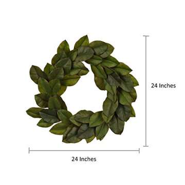 Ka Home Large Green Magnolia Leaf Wreath | Natural Looking Decoration for Summer, Spring, Fall or Year Round | Hangs on Wall, Fireplace, Door - Indoor or Covered Outdoor | 24 inch
