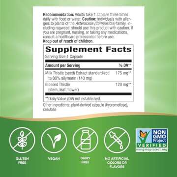 Nature's Way Milk Thistle, Supports Liver Function & Detox Pathways*, 175 mg Milk Thistle Seed Extract Standardized to 80% Silymarin per Serving, Vegan, 60 Capsules (Packaging May Vary)