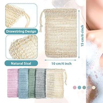 BBTO 5 Pieces Soap Saver Bag Natural Sisal Exfoliating Soap Pouch for Foaming and Drying, Shower, Scrubber(9 x 14 cm,Fresh Color)