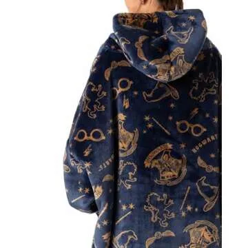 Harry Potter Womens Wearable Blanket Hoodie | Adults Navy Grey Hooded Pullover with Hogwarts Graphic All Over Print | One Size Sherpa Lined Loungewear with Pockets