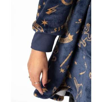 Harry Potter Womens Wearable Blanket Hoodie | Adults Navy Grey Hooded Pullover with Hogwarts Graphic All Over Print | One Size Sherpa Lined Loungewear with Pockets