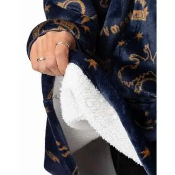 Harry Potter Womens Wearable Blanket Hoodie | Adults Navy Grey Hooded Pullover with Hogwarts Graphic All Over Print | One Size Sherpa Lined Loungewear with Pockets