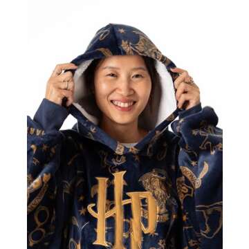 Harry Potter Womens Wearable Blanket Hoodie | Adults Navy Grey Hooded Pullover with Hogwarts Graphic All Over Print | One Size Sherpa Lined Loungewear with Pockets