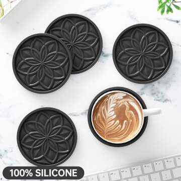 HFHOME Coasters for Drinks 6 Pack Silicone Coasters Set with Holder, Drink Coaster for Coffee Table,...