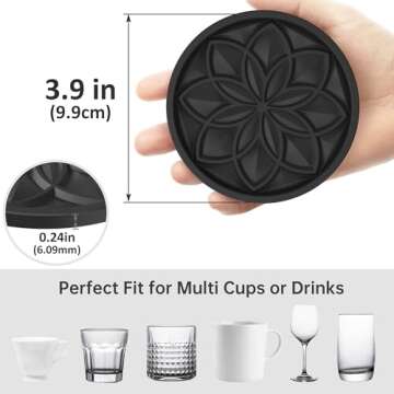HFHOME Coasters for Drinks 6 Pack Silicone Coasters Set with Holder, Drink Coaster for Coffee Table, Table Cup Mat Desk Coaster for Drinks, Bar Coasters for Home Decor Tabletop Protection Gift - Black
