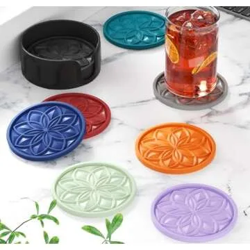 HFHOME Coasters for Drinks 6 Pack Silicone Coasters Set with Holder, Drink Coaster for Coffee Table, Table Cup Mat Desk Coaster for Drinks, Bar Coasters for Home Decor Tabletop Protection Gift - Black