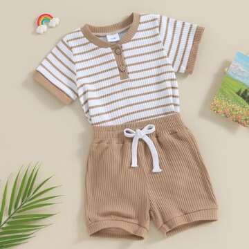 Newborn Baby Boy Girl Clothes Set Ribbed Short Sleeve Striped Romper Top Solid Color Shorts Sets 2Pcs Summer Outfits (A-Khaki, 3-6 Months)