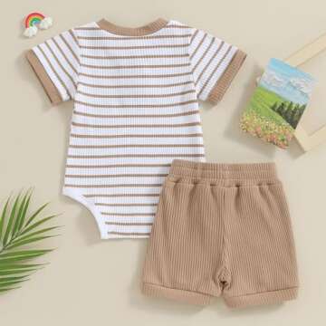 Newborn Baby Boy Girl Clothes Set Ribbed Short Sleeve Striped Romper Top Solid Color Shorts Sets 2Pcs Summer Outfits (A-Khaki, 3-6 Months)