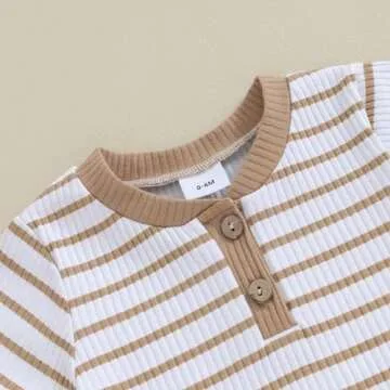 Newborn Baby Boy Girl Clothes Set Ribbed Short Sleeve Striped Romper Top Solid Color Shorts Sets 2Pcs Summer Outfits (A-Khaki, 3-6 Months)