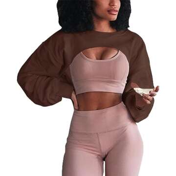 Artfish Women's Crewneck Long Sleeve Crop Tops Workout Gym Casual Cut-out Loose Cropped Sweatshirts Mocha Brown, M