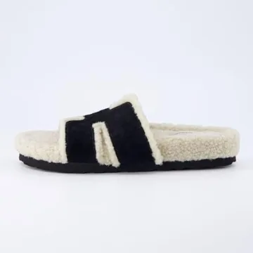 CUSHIONAIRE Cuddle Fur Slippers for Women Faux Shearling Slide Sandal +Memory Foam, cute gifts for women, BLACK 8.5