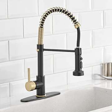 Hoimpro Matte Black&Brushed Gold Spring Kitchen Faucet with Pull Down Sprayer, Rv Paint Kitchen Sink Faucet with Pull Out Sprayer,3 Function Single Handle Laundry Faucet,Brass(Single or 3 Hole)