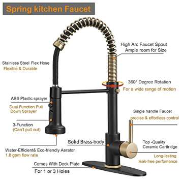 Hoimpro Matte Black&Brushed Gold Spring Kitchen Faucet with Pull Down Sprayer, Rv Paint Kitchen Sink Faucet with Pull Out Sprayer,3 Function Single Handle Laundry Faucet,Brass(Single or 3 Hole)