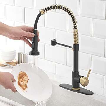 Hoimpro Matte Black&Brushed Gold Spring Kitchen Faucet with Pull Down Sprayer, Rv Paint Kitchen Sink Faucet with Pull Out Sprayer,3 Function Single Handle Laundry Faucet,Brass(Single or 3 Hole)