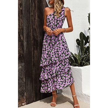PRETTYGARDEN Women's Summer Floral Sundress Casual One Shoulder Tiered Ruffle Flowy Midi Beach Boho Dresses (Floral Black Pink,Large)