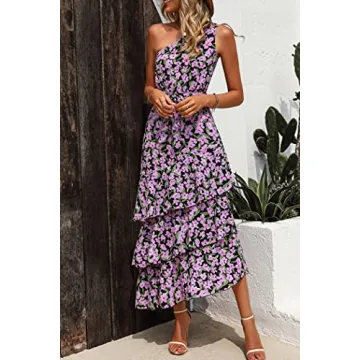 PRETTYGARDEN Women's Summer Floral Sundress Casual One Shoulder Tiered Ruffle Flowy Midi Beach Boho Dresses (Floral Black Pink,Large)