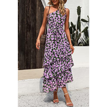 PRETTYGARDEN Women's Summer Floral Sundress Casual One Shoulder Tiered Ruffle Flowy Midi Beach Boho Dresses (Floral Black Pink,Large)