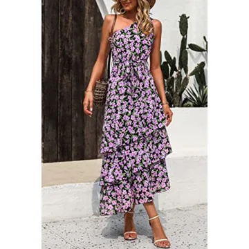 PRETTYGARDEN Women's Summer Floral Sundress Casual One Shoulder Tiered Ruffle Flowy Midi Beach Boho Dresses (Floral Black Pink,Large)