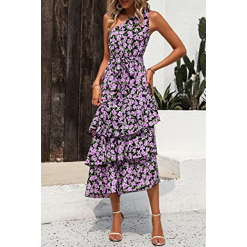 PRETTYGARDEN Women's Summer Floral Sundress Casual One Shoulder Tiered Ruffle Flowy Midi Beach Boho Dresses (Floral Black Pink,Large)
