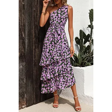 PRETTYGARDEN Women's Summer Floral Sundress Casual One Shoulder Tiered Ruffle Flowy Midi Beach Boho Dresses (Floral Black Pink,Large)