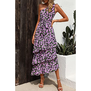 PRETTYGARDEN Women's Summer Floral Sundress Casual One Shoulder Tiered Ruffle Flowy Midi Beach Boho Dresses (Floral Black Pink,Large)