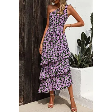 PRETTYGARDEN Women's Summer Floral Sundress Casual One Shoulder Tiered Ruffle Flowy Midi Beach Boho Dresses (Floral Black Pink,Large)